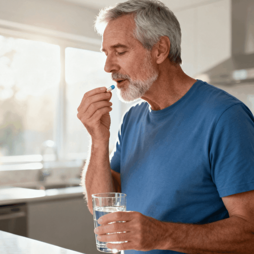 Bărbat matur luând supliment zilnic cu apă