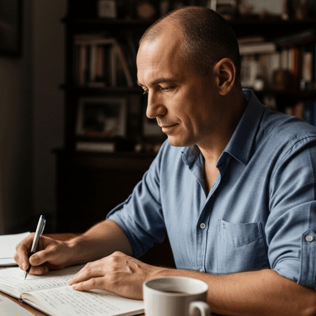 Bărbat matur lucrând la birou în timpul zilei