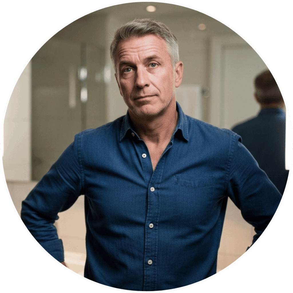 Bărbat matur în baie cu expresie preocupată