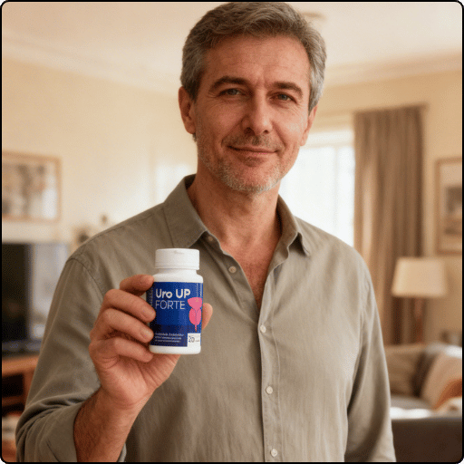 Bărbat matur ținând flacon Uro Up Forte
