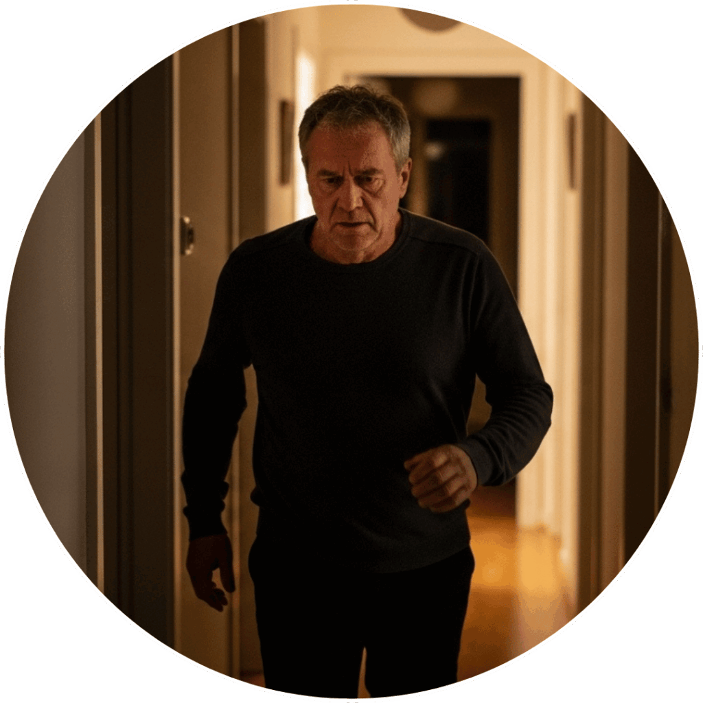 Bărbat matur mergând pe hol noaptea