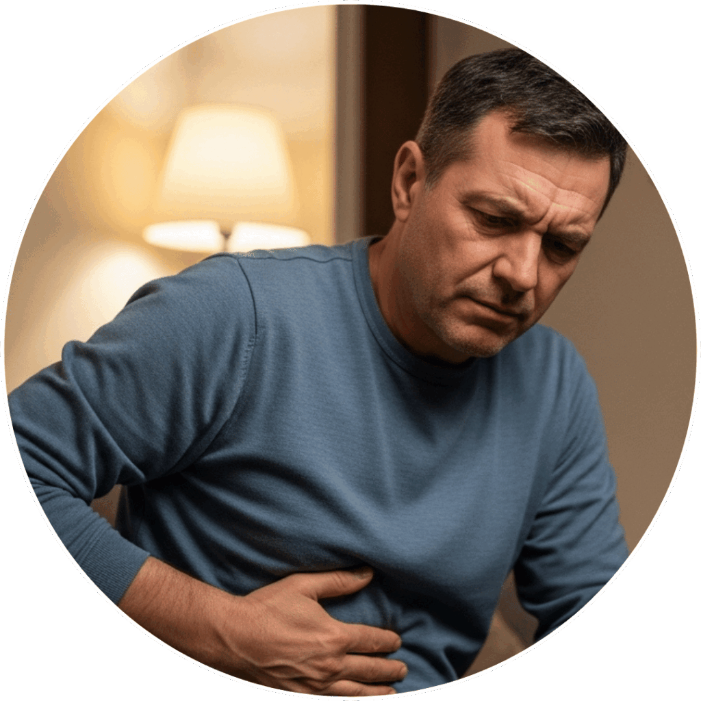 Bărbat matur ținând mâna în zona abdominală