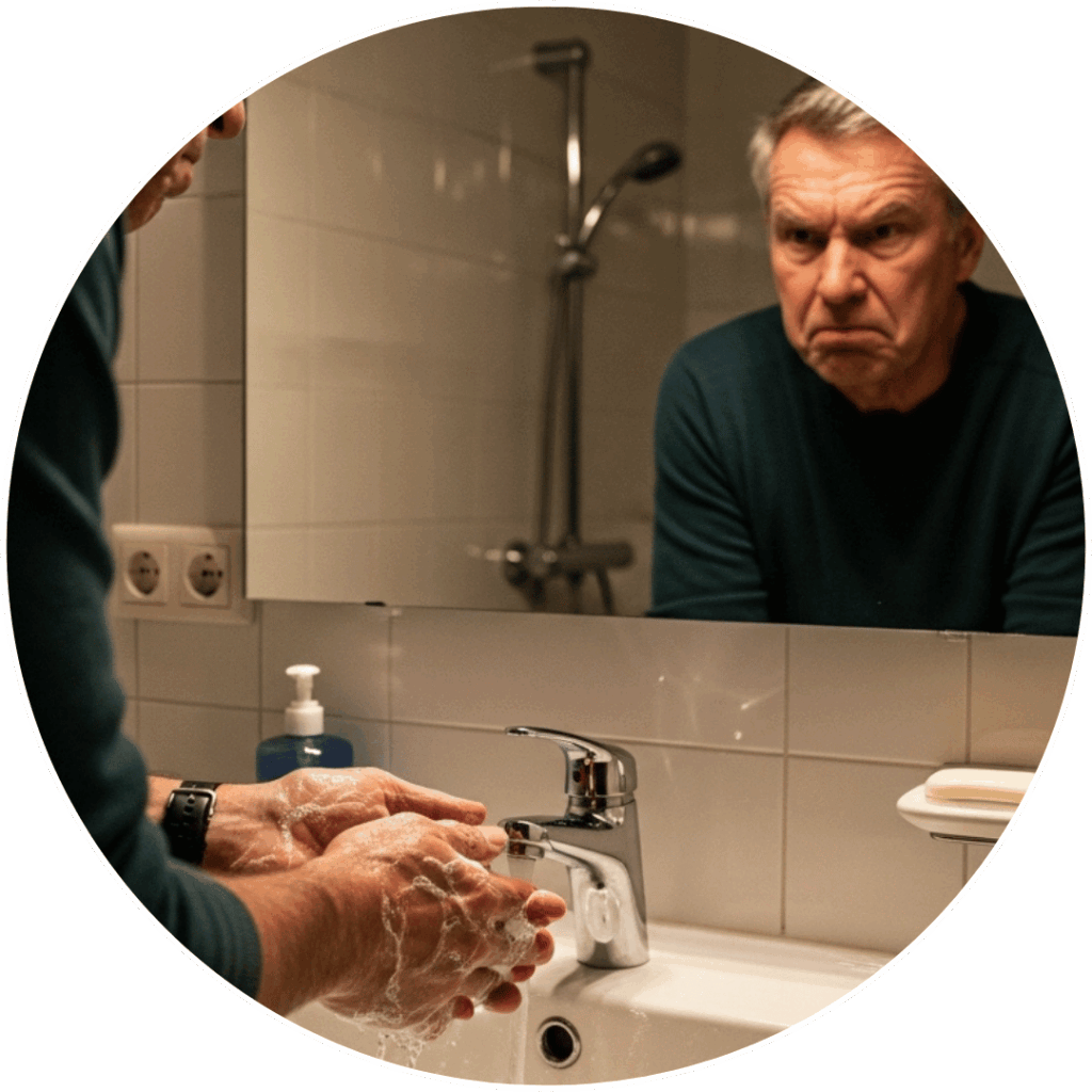 Bărbat matur cu expresie îngrijorată în baie