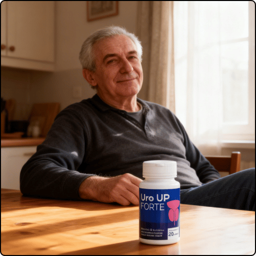 Flacon Uro Up Forte pe masă în fața unui bărbat matur