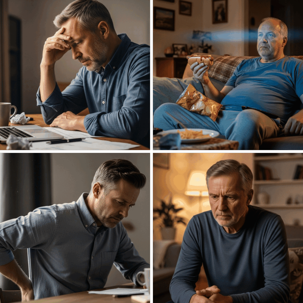 Bărbați maturi în situații de disconfort și oboseală