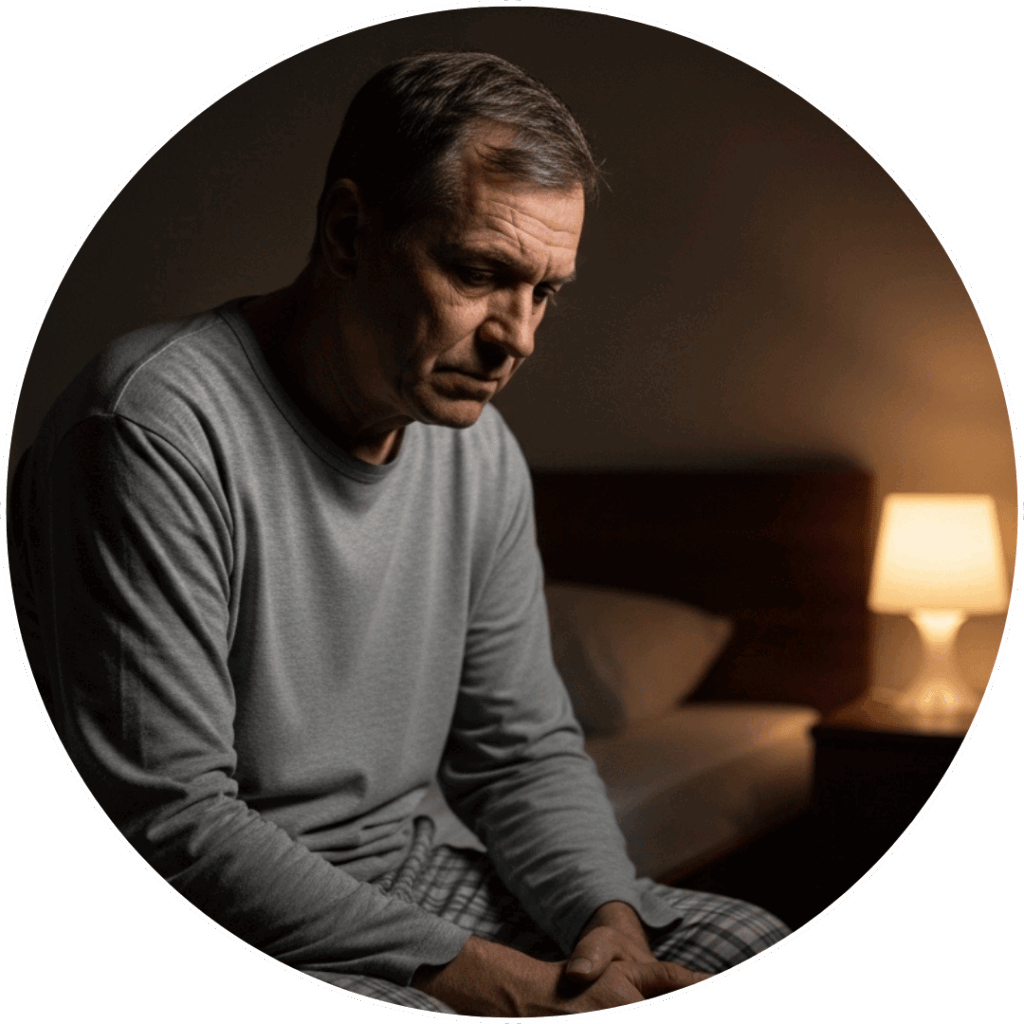 Bărbat matur treaz noaptea în dormitor